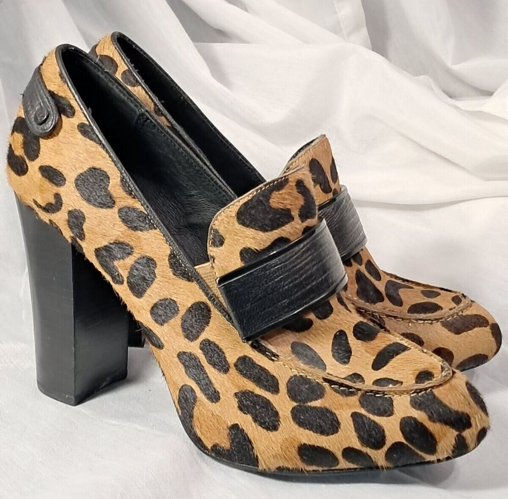 Rebecca Minkoff Leopard Pony Hair Heeled Loafer Pumps Shoes 8M Block Heels